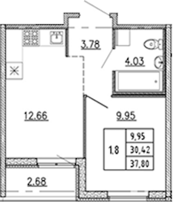 1-комнатная квартира 30.42 м², 13/22 эт., ЖК «Новые горизонты 2»